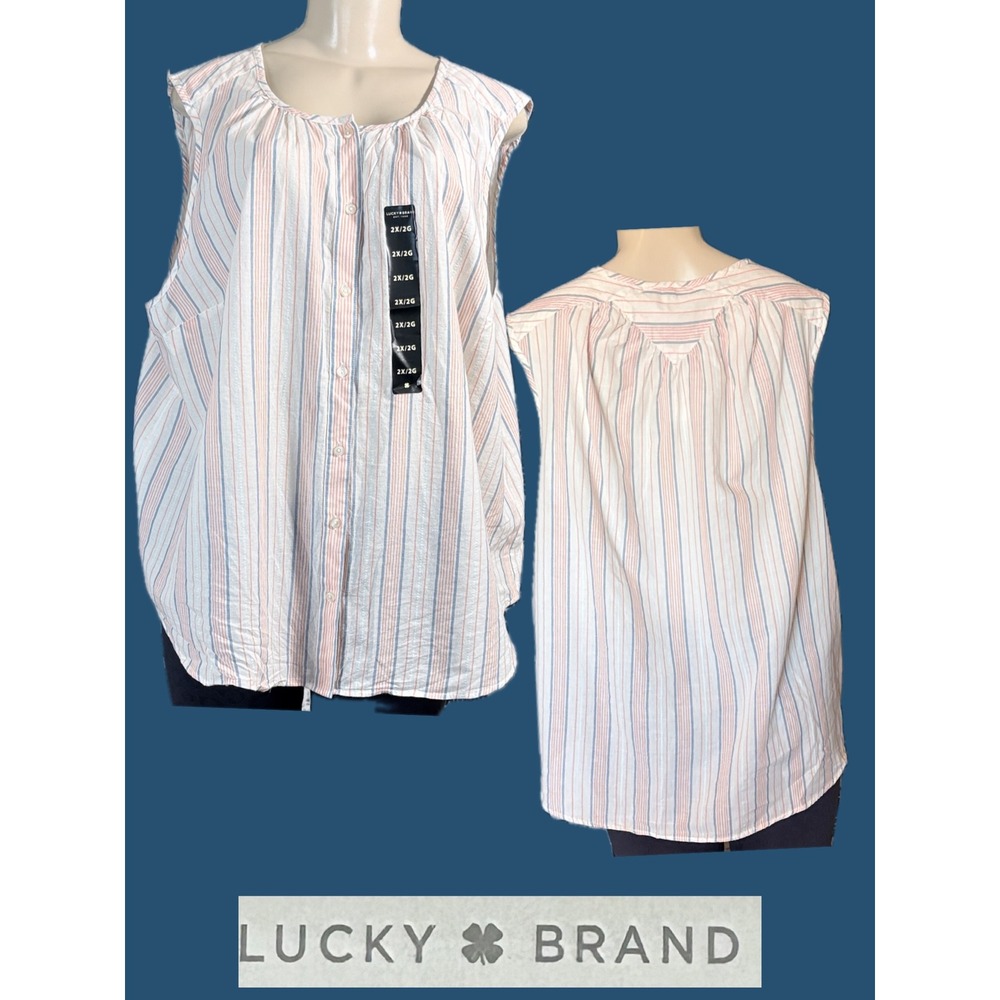 Lucky Brand 2X Blue White Coral Vertical Striped Button Down Blouse 100% Cotton